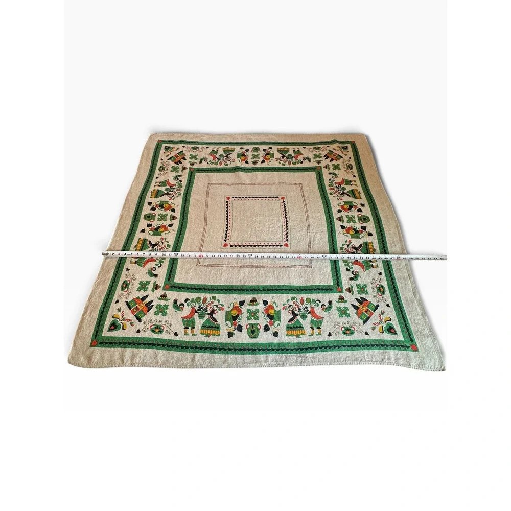 Vintage Scandinavian Folk Art Linen Blend Tablecloth 48x48 Beige Green Red